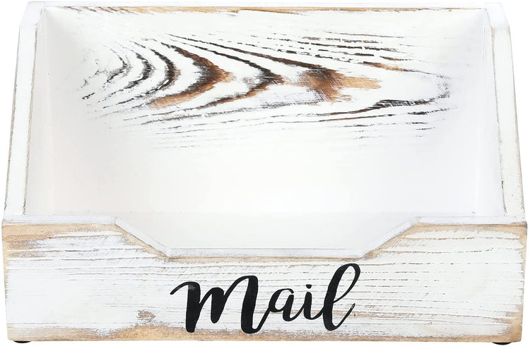 Whitewashed Wood Box Style Mail Holder, Letter Tray, Entryway Organizer with Black Cursive Writing MAIL Label-MyGift