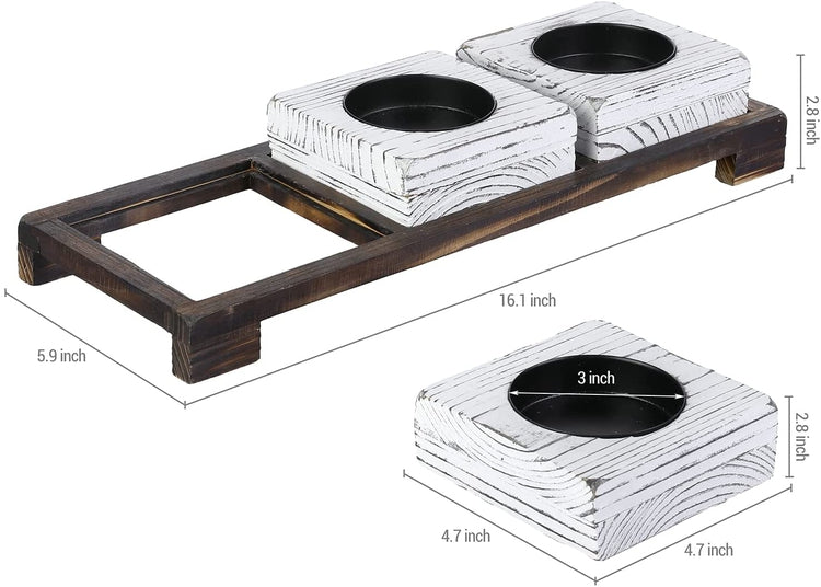 4 Piece, Candle Centerpiece with Whitewashed Wood and Matte Black Metal Pillar Candleholder Set with Burnt Wood Tray-MyGift