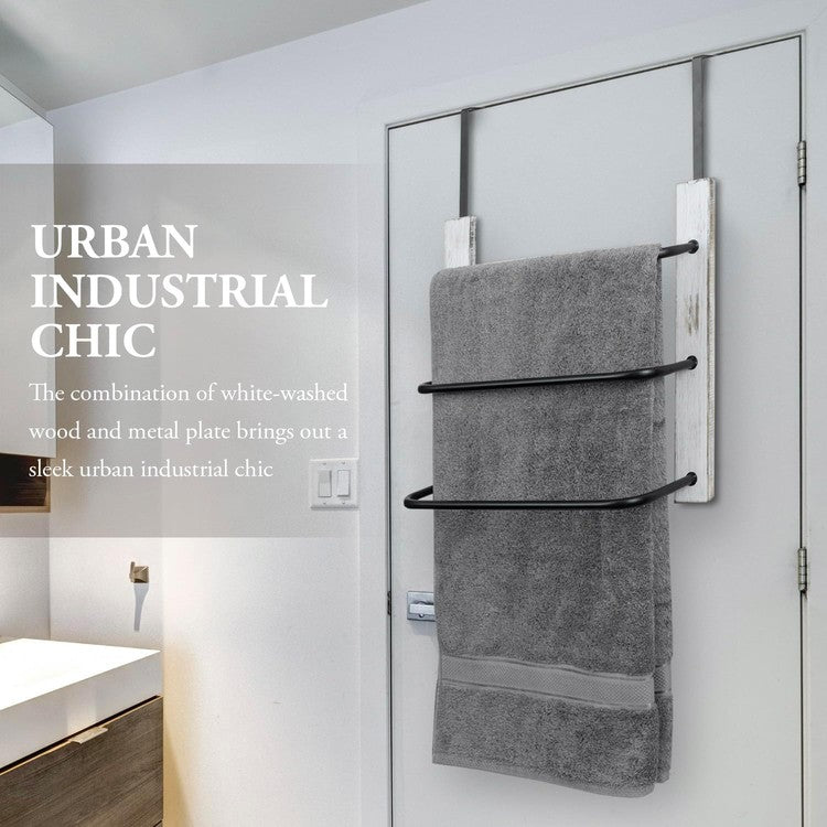 Over the Door Towel Rack in Whitewashed Wood and Tiered Matte Black Metal Bars, Space Saving Storage Drying Towel Hanger-MyGift