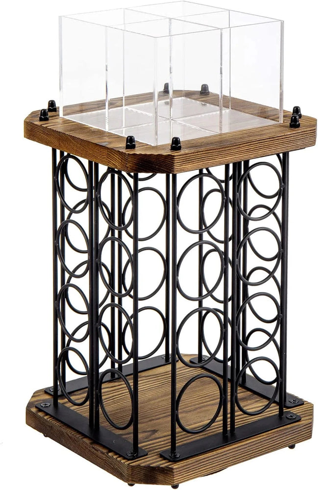Rotating Coffee Pod Holder Burnt Wood and Black Metal Wire, Café Supplies Capsule Storage Rack Display Spinning Stand-MyGift