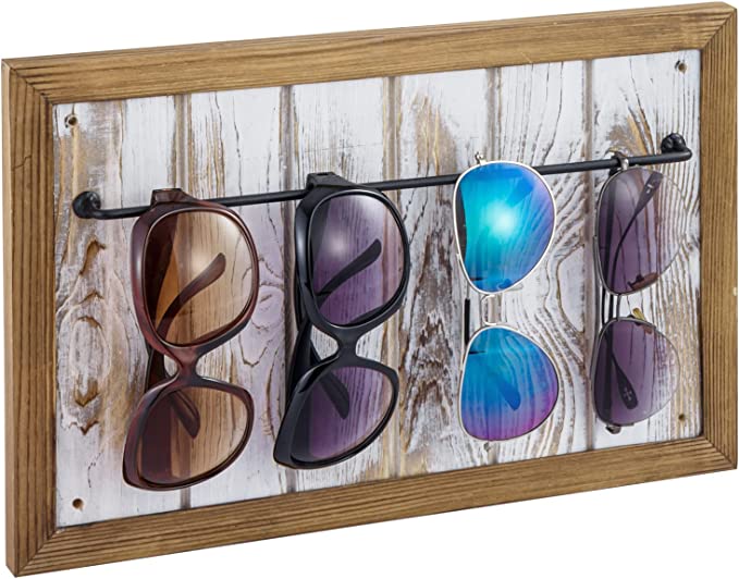 Whitewashed Wood Wall Mounted Sunglasses Holder with Natural Wooden Frame and Black Metal Storage Rail-MyGift