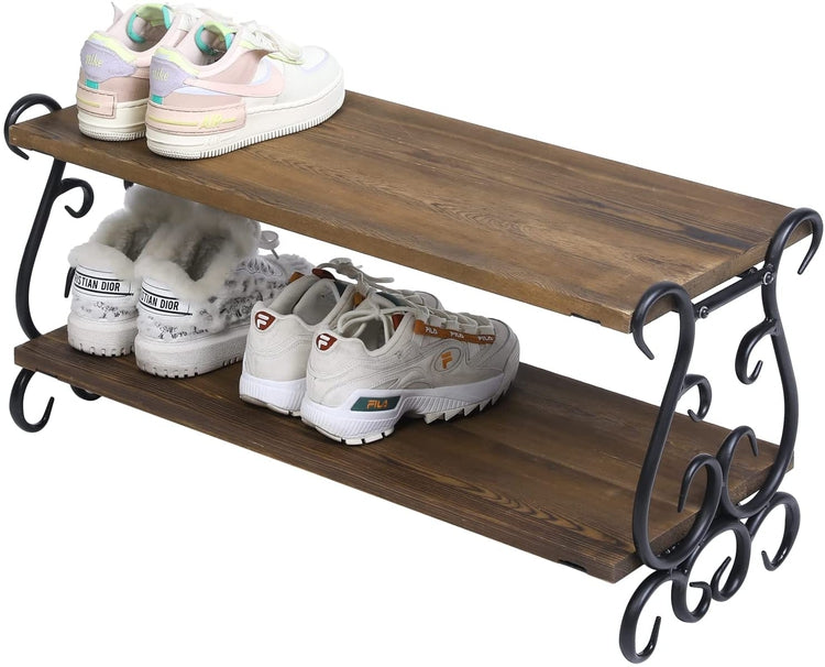 2 Tiered Shoe Rack, Vintage Metal Scrollwork and Burnt Wood Shoe Bench Shelves-MyGift