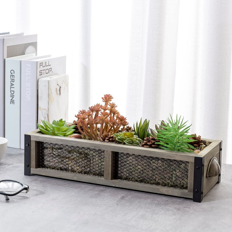 diy succulent window box Brown Wood Window Box Planter with Metal Mesh Sides and Brass Tone Han – MyGift