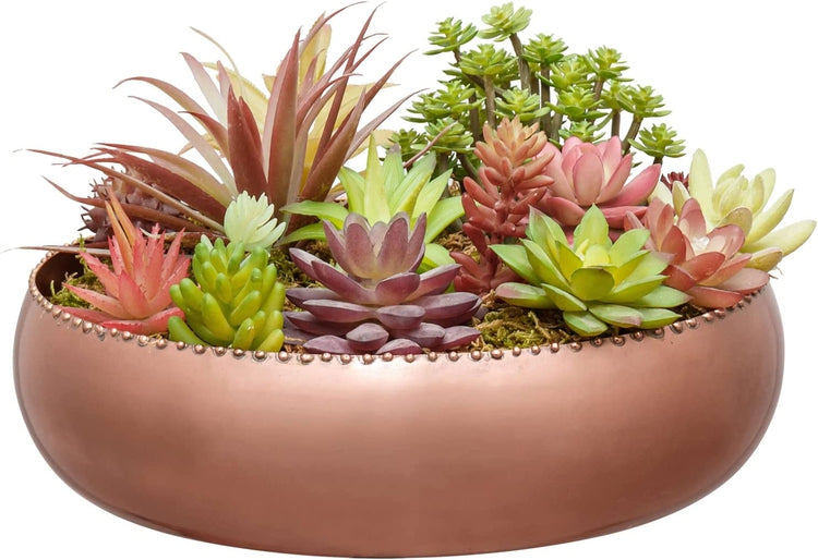 11-inch Metallic Copper Toned Metal Round Planter Pot with Pebbled Rim, Shallow Succulent Bowl-MyGift