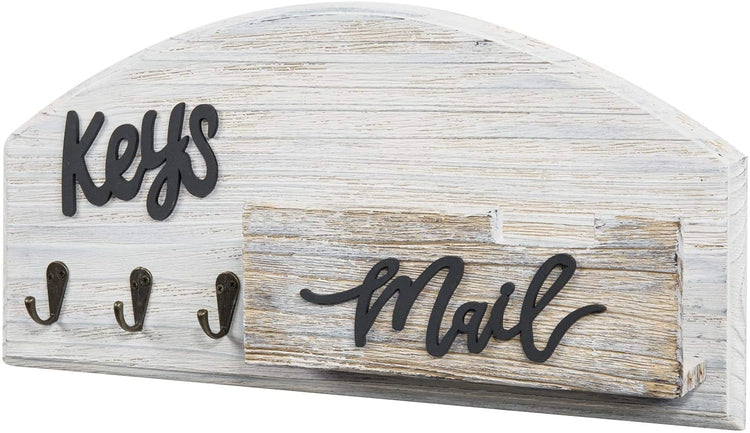 Whitewashed Wood Wall Mounted Entryway Key Holder, Mail Sorter Rack with 3 Hanging Hooks-MyGift