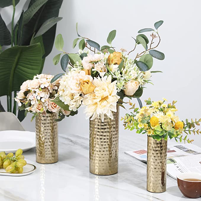 Hammered Metal Cylinder Flower Vases Set of 3, Tall Modern Brass Tone Decorative Centerpiece Vases-MyGift