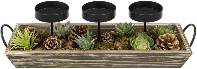 3 Metal Candle Holders with Torched Wood Tray and Artificial Succulent, Pine Cone Decorations-MyGift