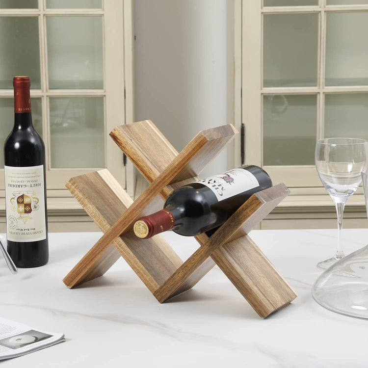 Acacia Wood 4-Bottle Countertop Wine Bottle Storage Rack with Modern X Design-MyGift