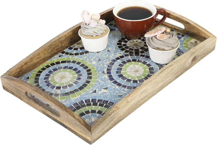 Mango Wood and Mosaic Serving Tray, Rectangular Blue Green Glass Decorative Ottoman Tray with Cutout Handles-MyGift