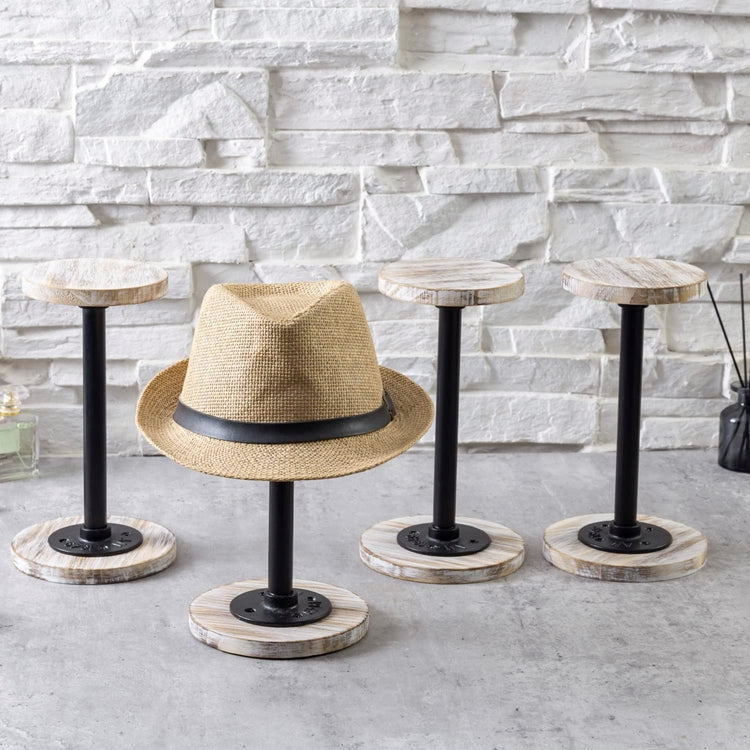 Set of 4, Tabletop Hat Stand, Whitewashed Wood and Industrial Matte Black Metal Pipe Freestanding Hat Rack, Wig Holder-MyGift