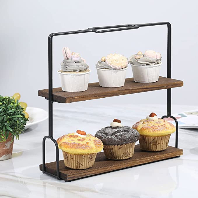 2-Tier Burnt Brown Wood and Metal Dessert Display Rack Pastry Holder, Cupcake Dessert Serving Stand-MyGift