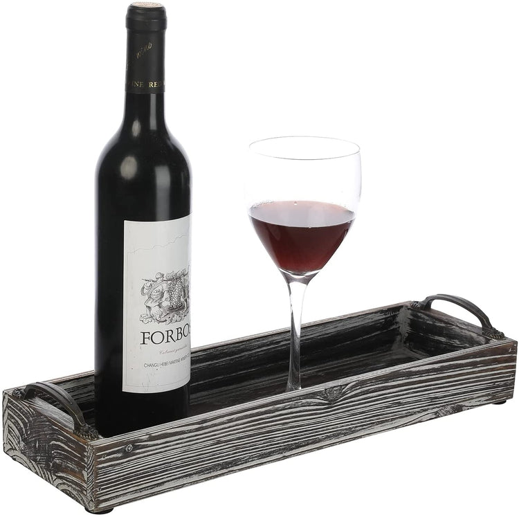 Torched Wood Rectangular Serving Tray with Vintage Handles, 16 x 5 Inches-MyGift