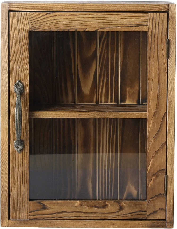 Burnt Wood Curio Cabinet, Wall Mounted Wooden Collectible Display Shelves and Case with Clear Acrylic Panel Door-MyGift