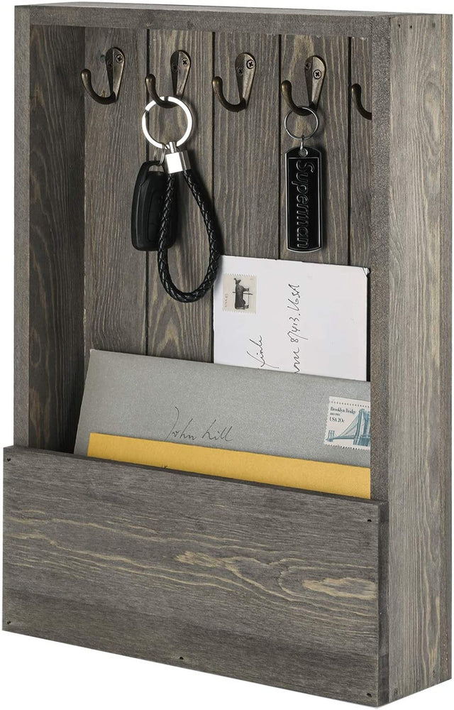 Wall Mounted Vintage Gray Wood Entryway Mail Sorter Storage Rack with 5 Key Holder Hooks-MyGift