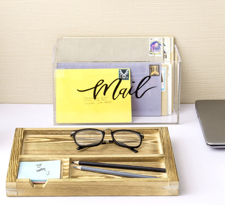 Clear Acrylic Mail Sorter Box w/ Cursive Decorative "Mail" Label and Burnt Wood Office Supplies Tray-MyGift