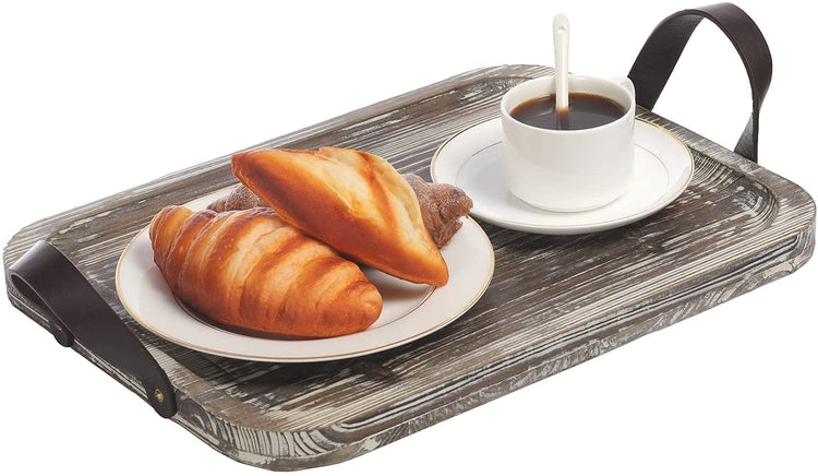 Rustic Torched Carved Wood Rectangular Display Serving Tray with Brown Leatherette Handles-MyGift