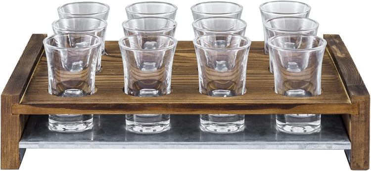 Shot Glass Serving Set, Burnt Wood Tray with Galvanized Metal Base-MyGift