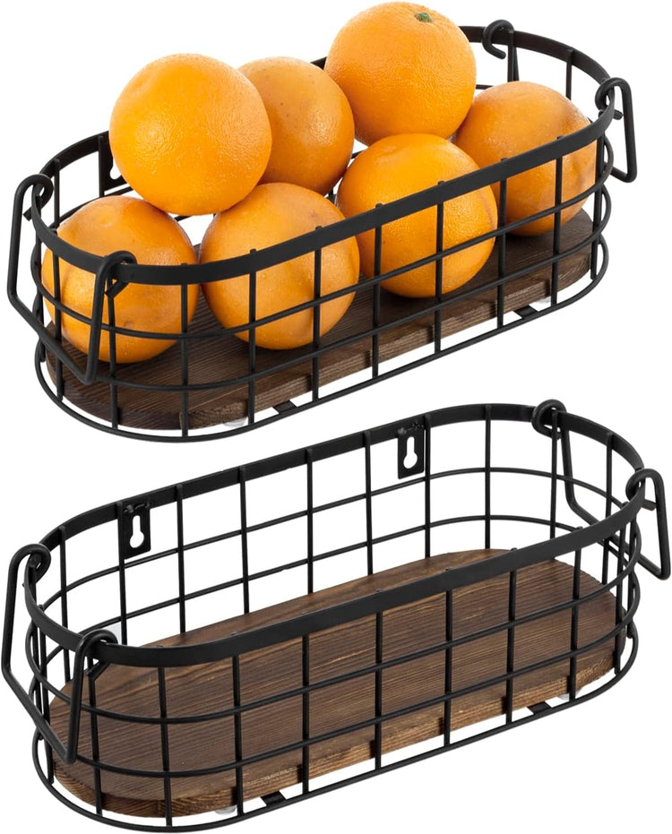 Nesting Storage Baskets, Wall Mounted or Tabletop Black Metal Wire and Oval Burnt Wood Small Baskets with Handles-MyGift