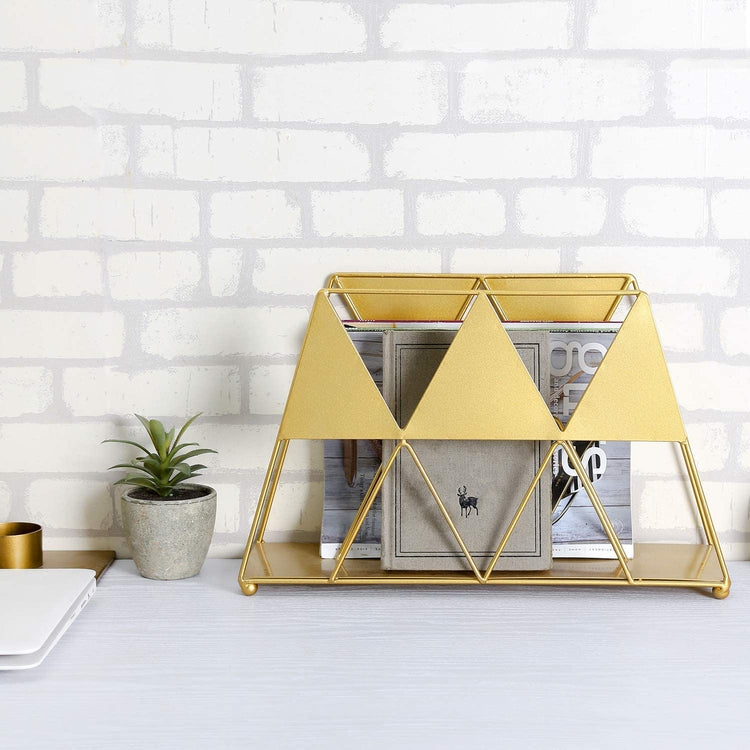 Modern Geometric Gold-Tone Metal Desktop Magazine Holder Rack-MyGift
