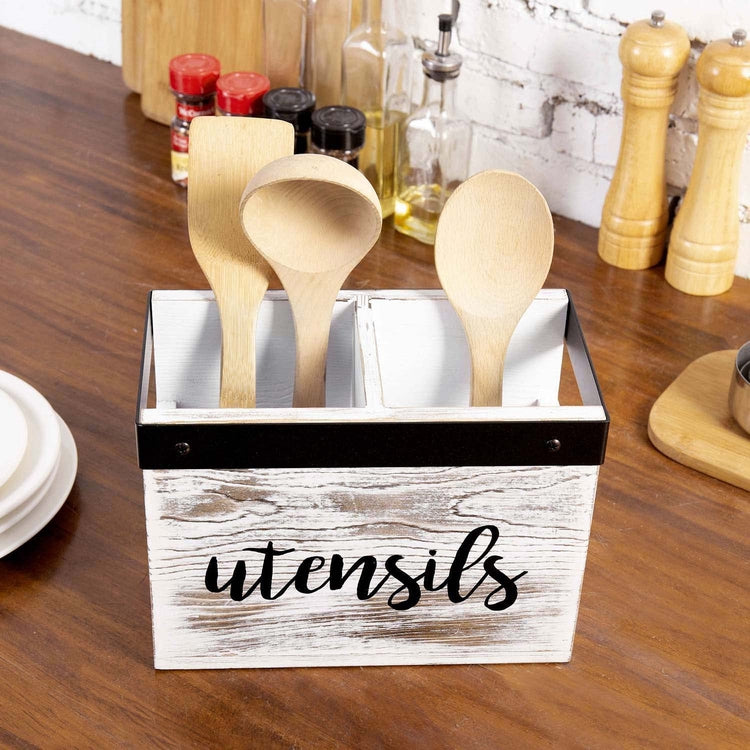 Wood Utensil Holder, 2 Compartment Whitewashed Wood and Black Metal Utensil Organizer, Cutlery Flatware Storage Caddy-MyGift
