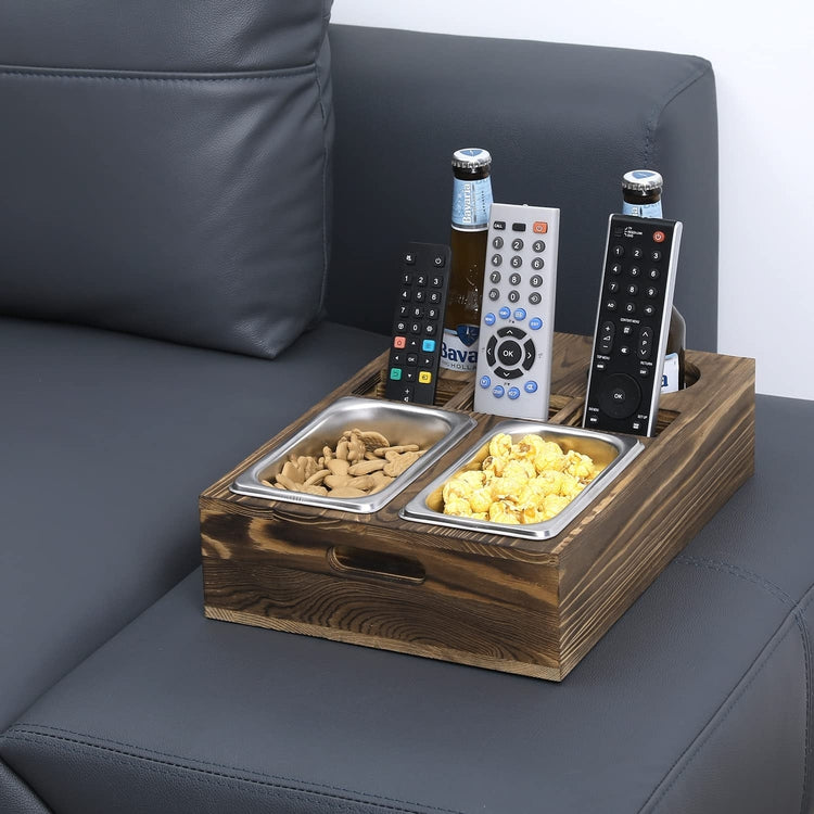 Burnt Brown Wood Sofa Couch Snacks Caddy Serving Crate Tray with 2 Cup Holders and 3 Remote Control Slots-MyGift