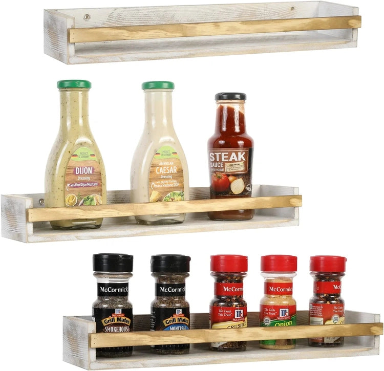 Set of 3, Whitewashed Wood Wall Mounted Spice Rack Shelves, Farmhouse Kitchen Condiment Bottle Hanging Organizer Shelf-MyGift