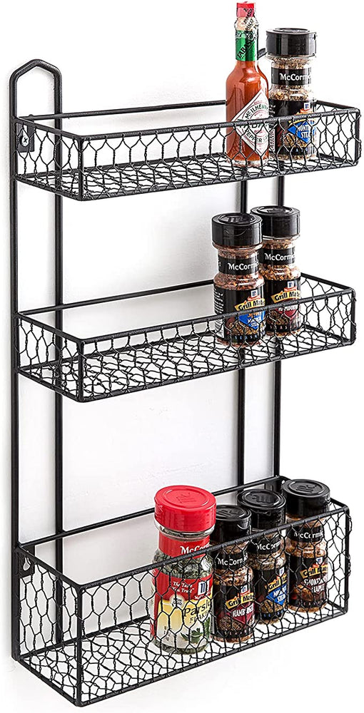 3 Tier Rustic Wall Mounted Black Metal Chicken Wire Bathroom Shelf Organizer-MyGift