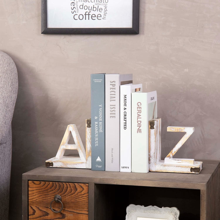 Whitewashed Wood Decorative Bookends with A and Z Block Letter Design, Office Tabletop Book End Holders-MyGift