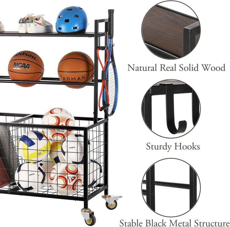 Black Metal and Burnt Wood Sports Ball Basket Cart, Gym Organizer Rack Trolley with Baskets, Hooks, and Caster Wheels-MyGift