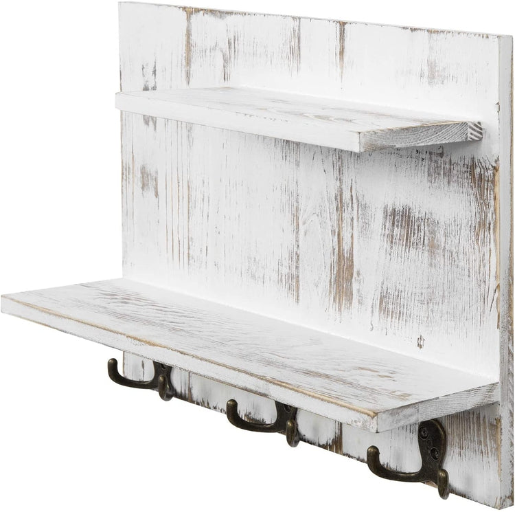 Whitewashed Wood Wall Mounted Organizer Shelf with 6 Hooks-MyGift