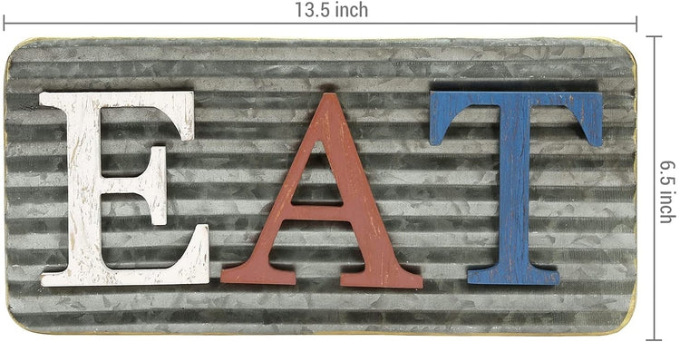 Red, White and Blue Cutout EAT Wood Letters with Corrugated Galvanized Metal Back Hanging Wall Art-MyGift