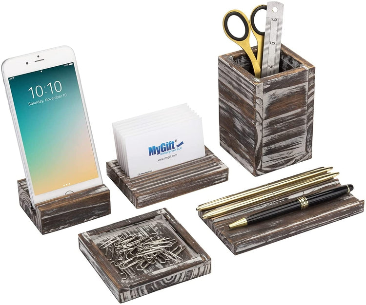 Torched Wood 5-Piece Desk Accessories Set with Pen Tray, Pencil Cup, Memo Pad, Card Holders, and Cell Phone Stand-MyGift