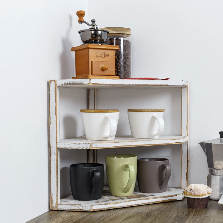 Tiered Weathered Gray Wood Kitchen Countertop Corner Organizer Shelf-MyGift