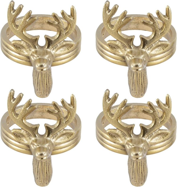 Set of 4, Deer Head Napkin Rings, Brass Tone Cast Aluminum Napkin Holders with Deer Design, Elk Cloth Serviette Holders-MyGift