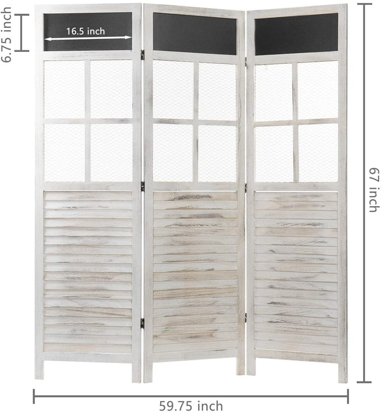 3Panel White Distressed Room Divider with Chicken Wire and Chalkboard