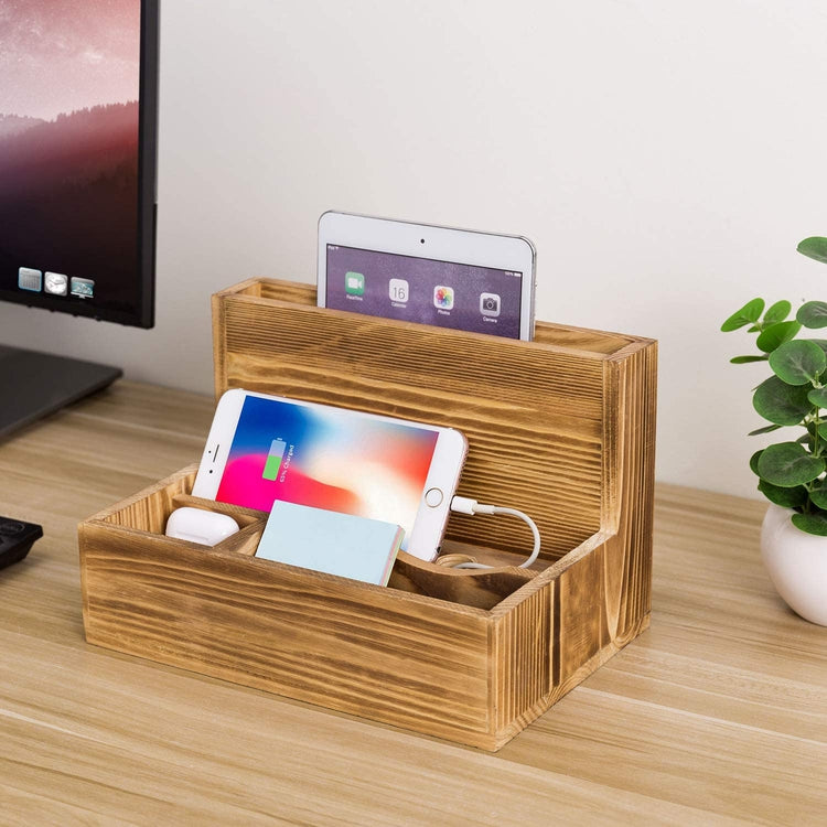 Torched Brown Wood Smartphone & Tablet Stand, Tabletop Charging Station-MyGift