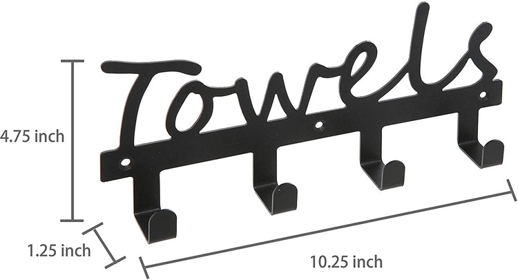 Wall Mounted Black Metal Towels Sign with 4 Hooks, Kitchen and Bathroom Towel Rack-MyGift
