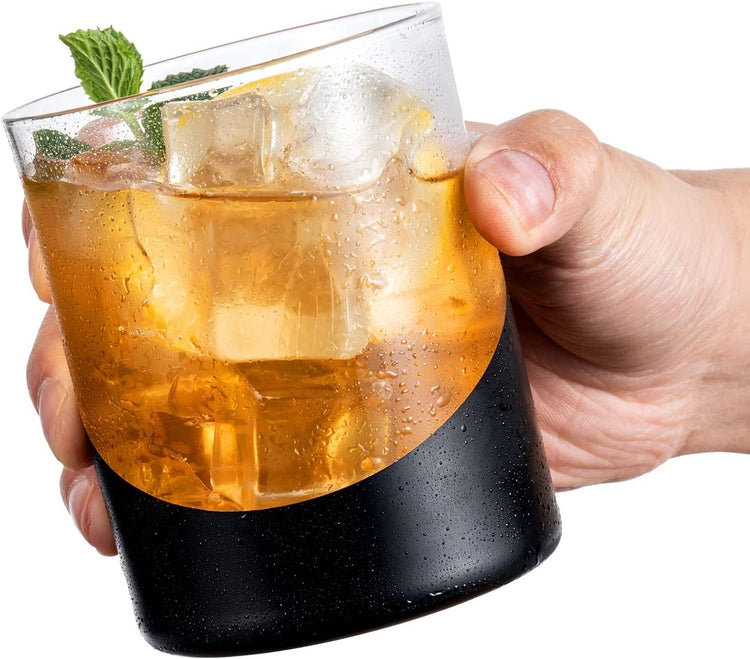 Set of 4, 12 oz Matte Black and Gold Designer Cocktail Glasses, Double Old Fashioned Lowball Whiskey Drinking Glass-MyGift