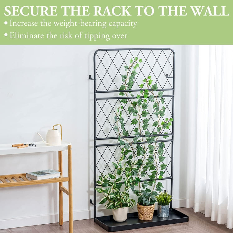 Freestanding Matte Black Metal Wire Diamond Lattice Support Frame Trellis with Climbing Vine Pot Holder Bottom Tray-MyGift