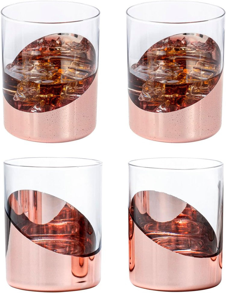 Copper Cocktail Glasses, Angled Dipped Design Lowball Whiskey Rocks Drinking Glass, Set of 4-MyGift