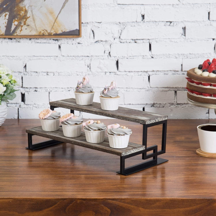 2-Tier Torched Wood and Metal Dessert Display Riser-MyGift