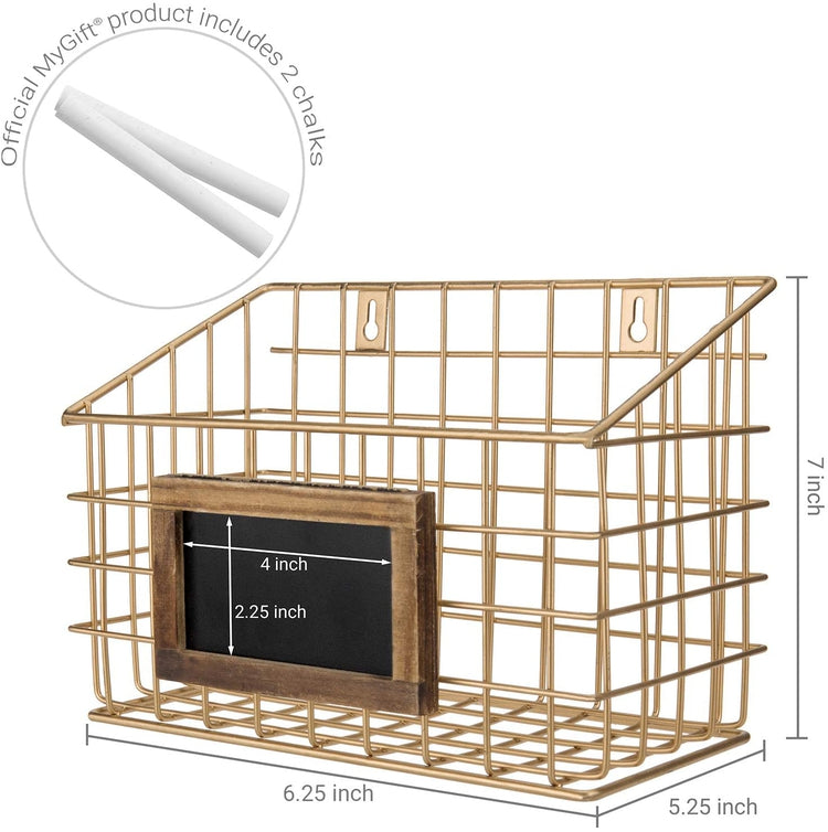 Set of 3 Contemporary Gold Metal Wire Wall Mounted Storage Baskets with Chalkboard Labels-MyGift