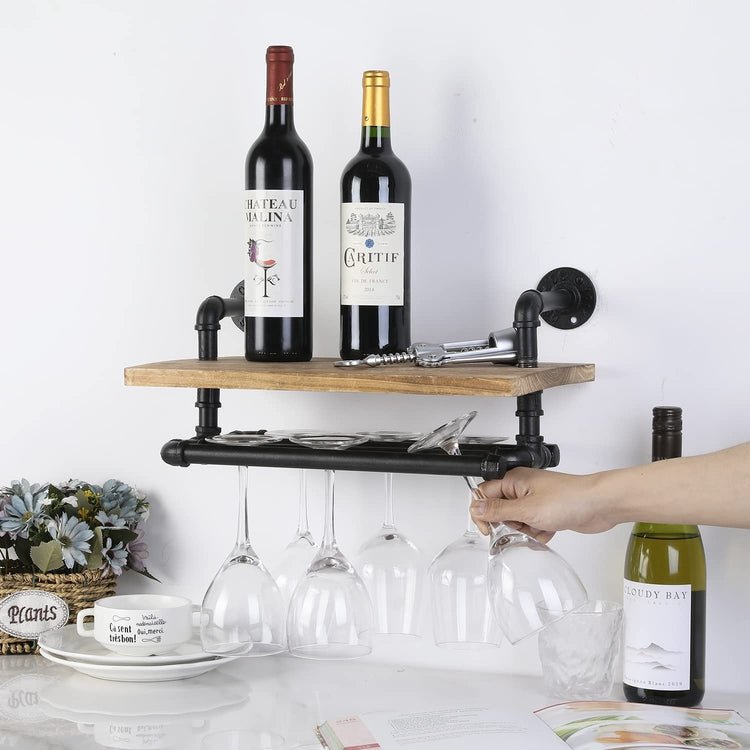 Industrial Black Metal Wine Glass Holder, Wall Rack Bar Stemware Hanger with Burnt Wood Floating Shelf, Holds 6 Glasses-MyGift