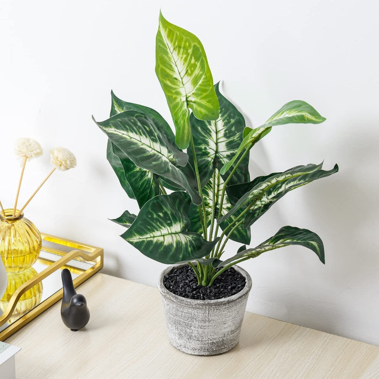 potted leaf plant 15-Inch Tabletop Artificial Green Leaf Plant Potted in Distressed Gray Plant Pot, Fake House Plant