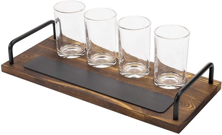 Burnt Wood and Black Metal Wire Beer Flight Server with 4 Glasses, Serving Tray and Chalkboard Label-MyGift