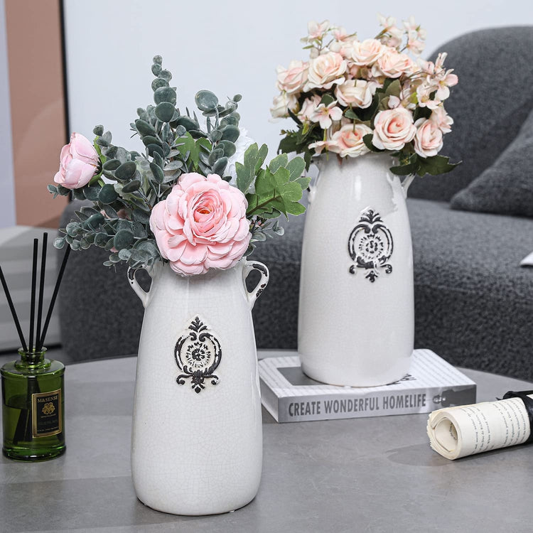 Set of 2, White Ceramic Flower Vase, Antique Farmhouse Milk Jug Décor-MyGift