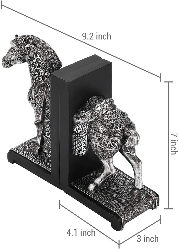 2 Piece Set, Silver Resin Cavalry War Horse Bookends with Black Wood Backing-MyGift