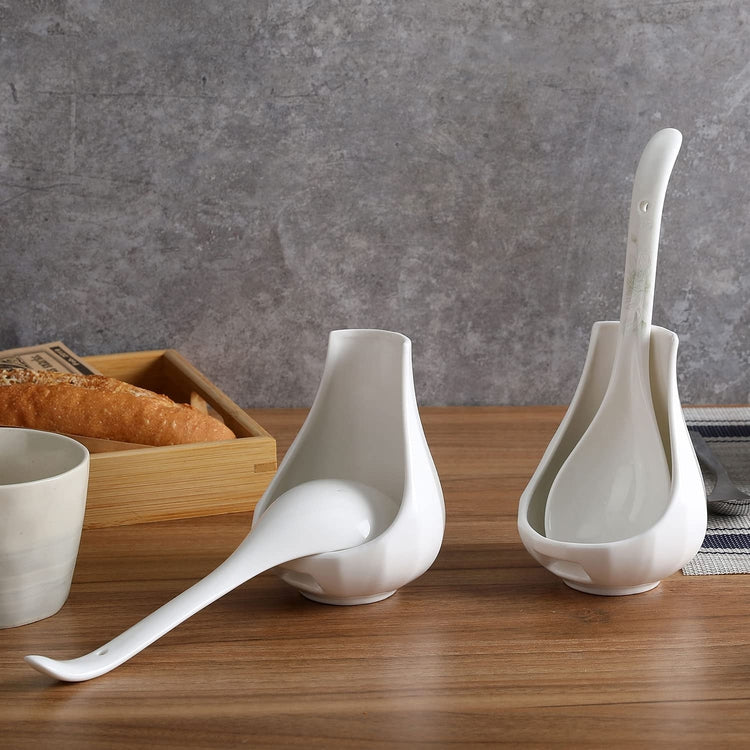 Set of 2, Upright White Ceramic Spoon Rest, Vertical Standing Ladle Holders-MyGift