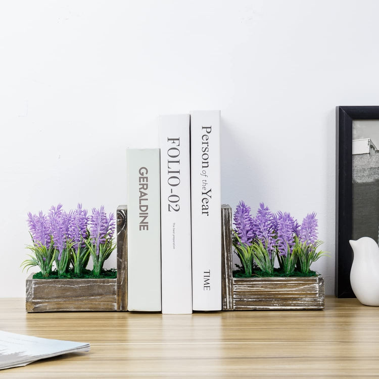 Decorative Bookends, Book Holder, Torched Wood Bookend with Artificial Lavender in Planter Boxes, Desktop Book Stands-MyGift