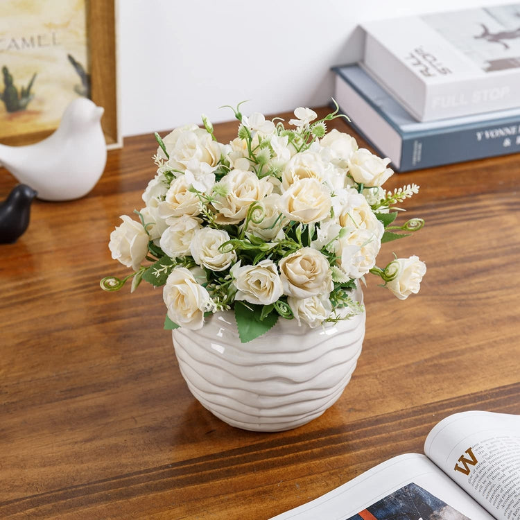Fake Flower Arrangement in Vase, Artificial White Roses Bouquet with Round Ribbed Pattern Embossed White Ceramic Vase-MyGift